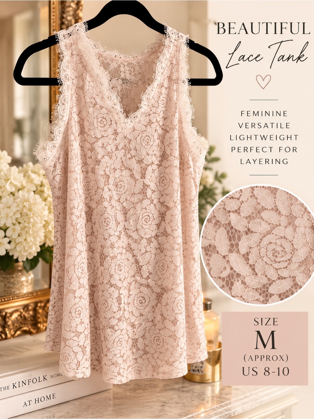 Floral Lace Tank Top in Pink Size Medium